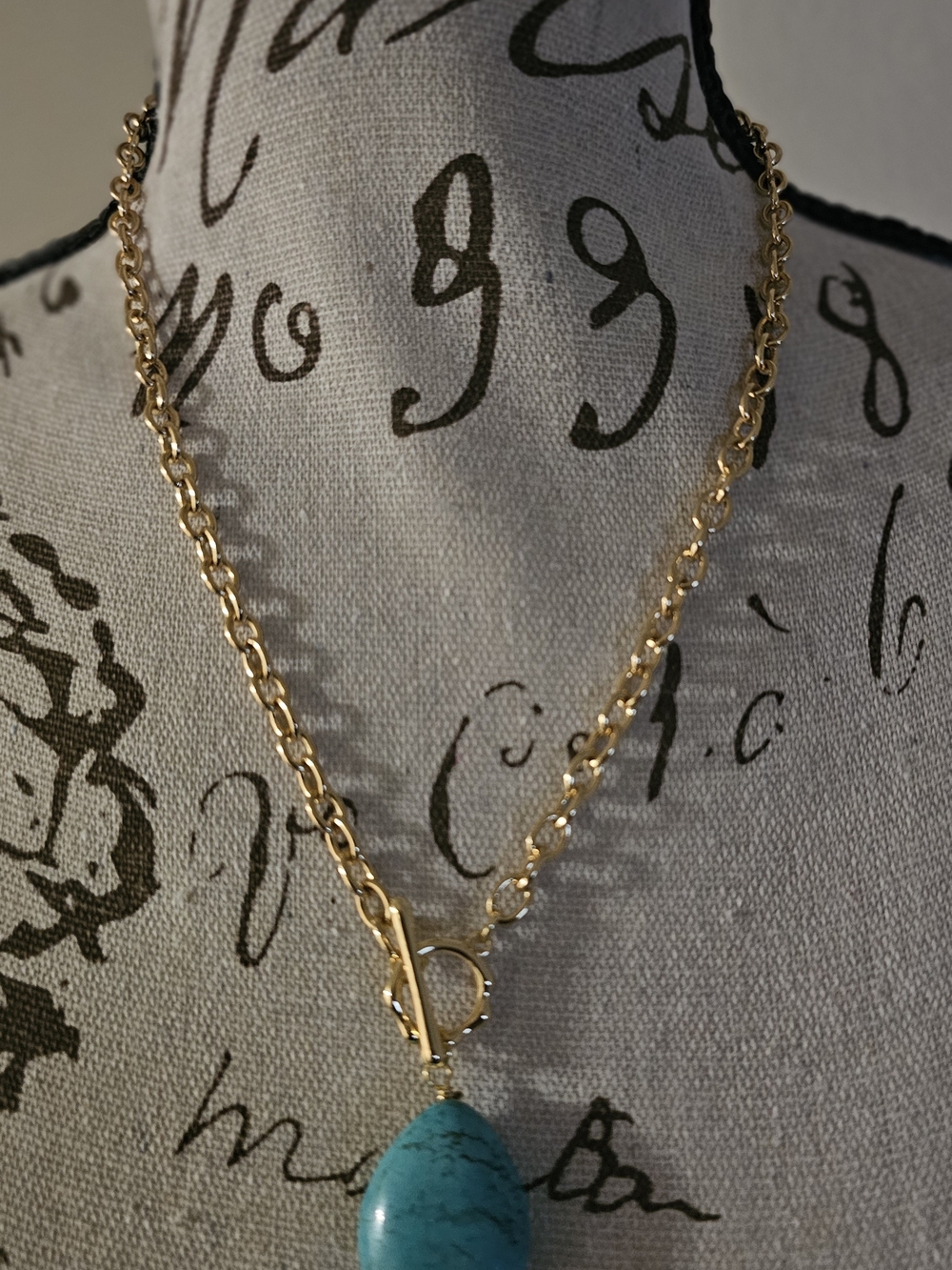 Gold-Tone Chain Necklace with Turquoise Teardrop Pendant - Women Jewelry